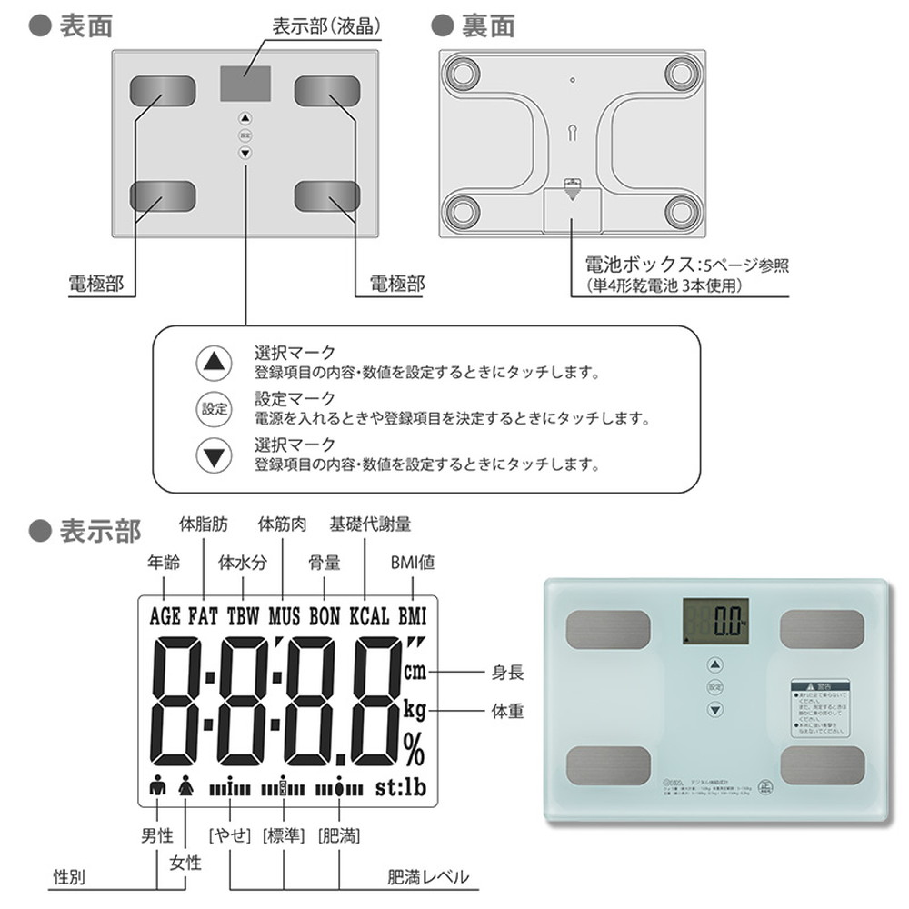 体重 体脂肪率 体水分率 体筋肉率 推定骨量 基礎代謝 Bmiが計測できます 体重体組成計 宇佐美鉱油の総合通販サイト うさマート